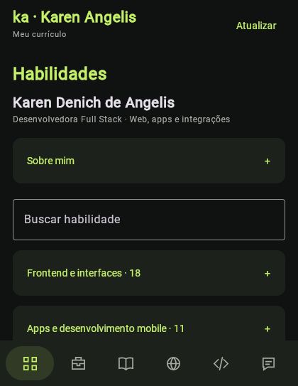 Tela do app web de Karen Angelis, com menu inferior e busca de habilidades